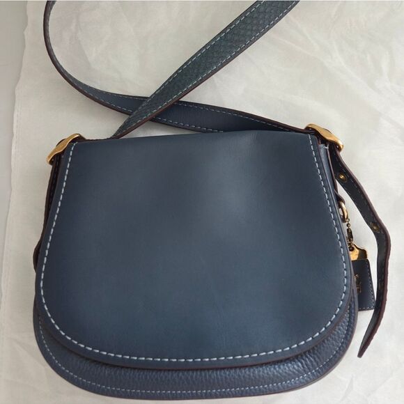 Coach Saddle With Colorblock Python Detail Crossbody Shoulder Bag In Denim Blue - Picture 2 of 12